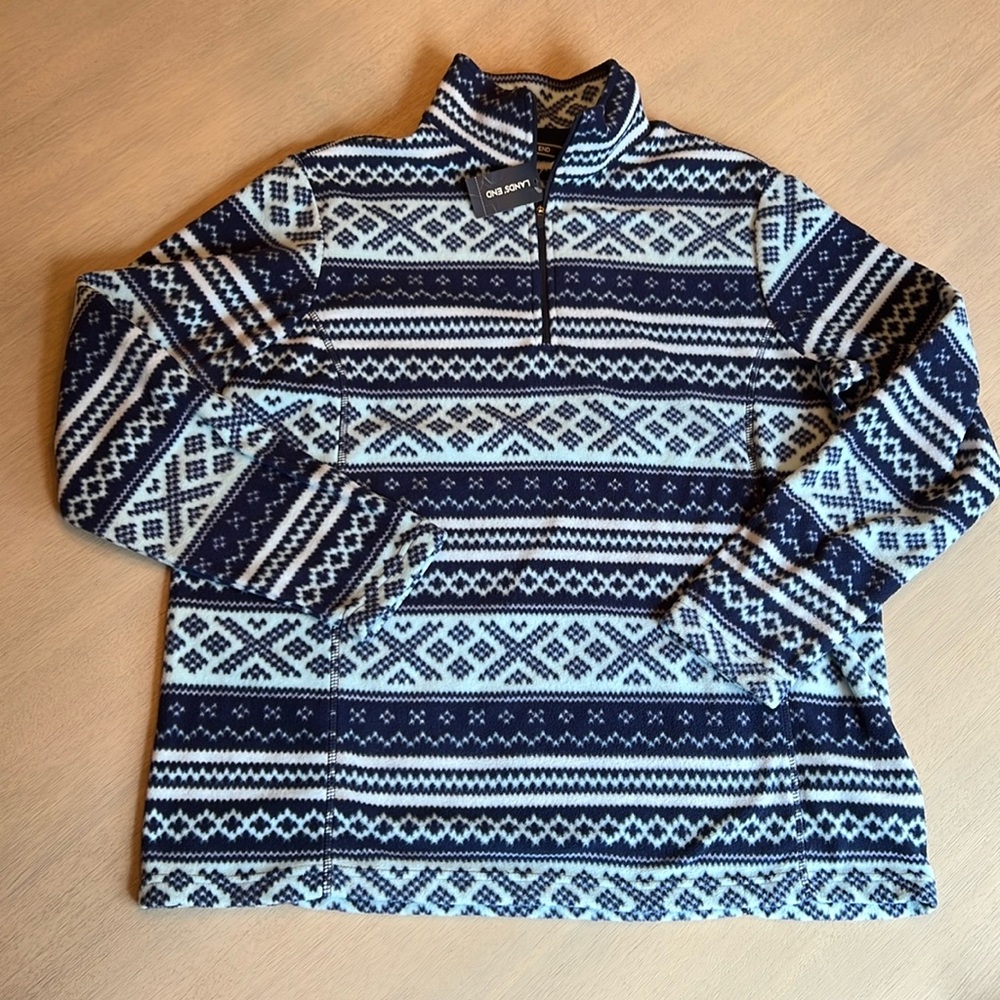 Land’s‎ End Women’s Deep Sea Blue Fair Isle Half Zip Fleece Shirt Size Large NWT